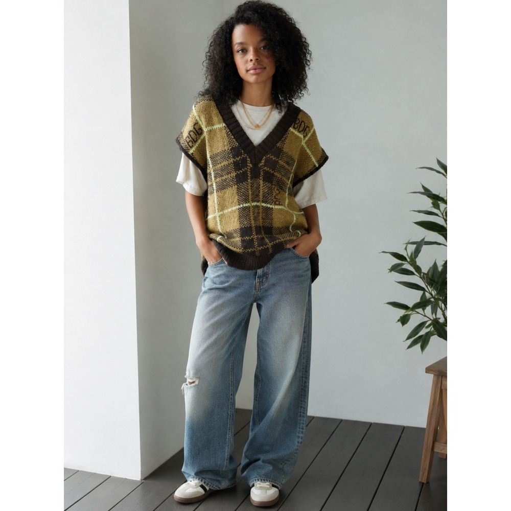 BDG Urban Outfitters Plaid V-Neck Sweater Vest Brown Mustard Logo Medium